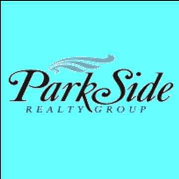 Logo of Park Side Realty Group on a light blue background, featuring stylized black text with a decorative swoosh design above the word "Park