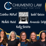 Collage of five women in business attire with names: Caroline McNeil, Michele Hurd, Kelly DeVore, Isabel Garcia, Amanda Swift Center features "Florida Registered Paralegal" logo Header: "Chiumento Law Legal Team for Life " Dark blue background with gold accents