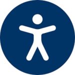 A white accessibility symbol depicting a stylized human figure with outstretched arms and legs inside a blue circle