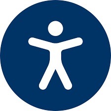 A white accessibility symbol depicting a stylized human figure with outstretched arms and legs inside a blue circle