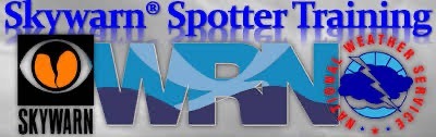 Logo for Skywarn Spotter Training, featuring the Skywarn and National Weather Service logos The text reads "Skywarn Spotter Training WRN" with a stylized design incorporating blue and gray colors