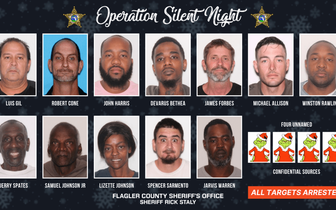 Mugshots of eleven individuals arrested in "Operation Silent Night" by Flagler County Sheriff's Office Includes photos of suspects and four unnamed targets marked by cartoon characters labeled "Confidential Sources