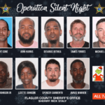 Mugshots of eleven individuals arrested in "Operation Silent Night" by Flagler County Sheriff's Office Includes photos of suspects and four unnamed targets marked by cartoon characters labeled "Confidential Sources