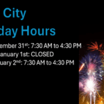 Image displaying holiday hours with colorful fireworks Text reads: "City Holiday Hours Tuesday, December st: : AM to : PM Wednesday, January st: CLOSED Thursday, January nd: : AM to : PM