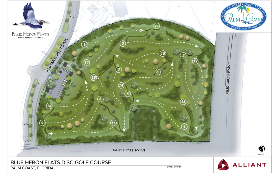 Illustrated map of Blue Heron Flats Disc Golf Course in Palm Coast, Florida It features holes, with marked paths and obstacles Logos of Blue Heron Flats, Palm Coast, and Alliant appear in the corners Streets labeled as White Mill Drive and Pine Lakes Pathway