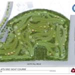 Illustrated map of Blue Heron Flats Disc Golf Course in Palm Coast, Florida It features holes, with marked paths and obstacles Logos of Blue Heron Flats, Palm Coast, and Alliant appear in the corners Streets labeled as White Mill Drive and Pine Lakes Pathway