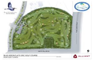 Illustrated map of Blue Heron Flats Disc Golf Course in Palm Coast, Florida It features holes, with marked paths and obstacles Logos of Blue Heron Flats, Palm Coast, and Alliant appear in the corners Streets labeled as White Mill Drive and Pine Lakes Pathway