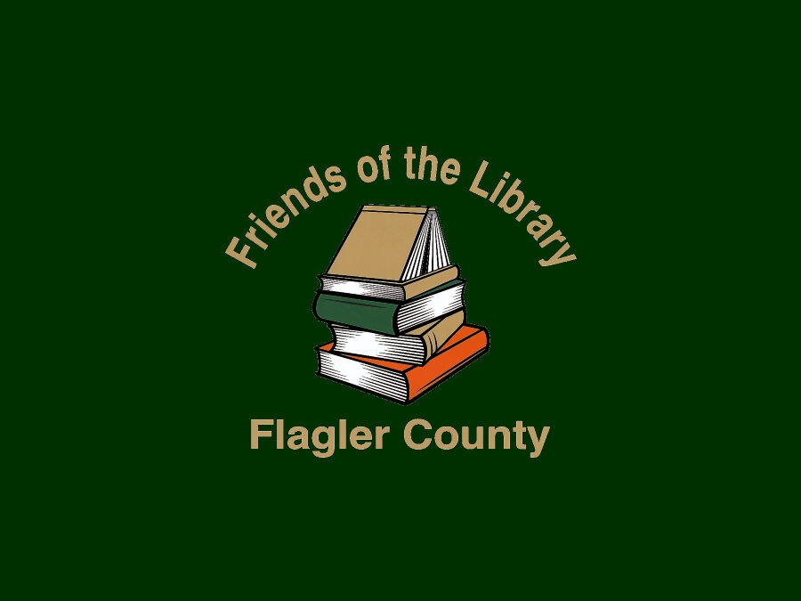 Logo with a stack of books and the text "Friends of the Library" and "Flagler County" on a dark green background