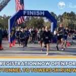 Participants running under a large finish line arch at a K event A U S flag hangs nearby, and people are visible in the background Text on the image announces the Tunnel to Towers K Run/Walk with registration open now