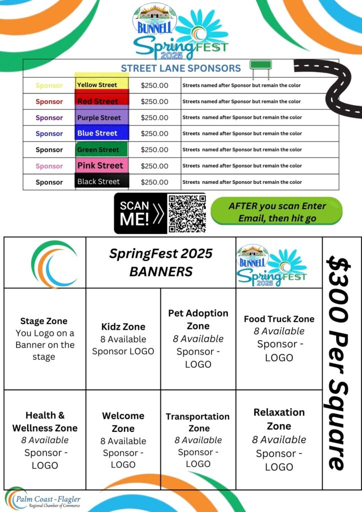 Image of a sponsorship flyer for Bunnell SpringFest It lists street lane sponsors, each associated with a color and a $ cost There are various sponsor zones at $ each A QR code and instructions to scan and hit go are included