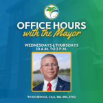 Image promoting "Office Hours with the Mayor" on Wednesdays and Thursdays from a m to p m with a man in a suit and red tie To schedule, call Background features a building with a green overlay