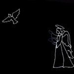 A silhouetted angel made of white Christmas lights is depicted with wings and a halo, reaching towards a bird in flight, also outlined in white lights, against a black background