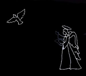 A silhouetted angel made of white Christmas lights is depicted with wings and a halo, reaching towards a bird in flight, also outlined in white lights, against a black background