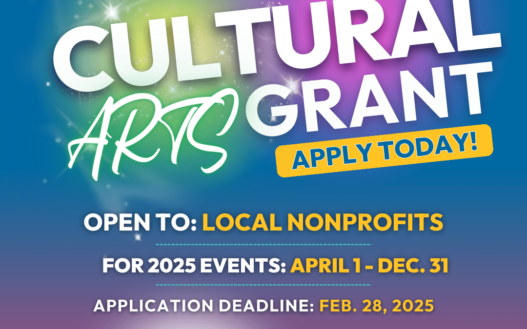 Promotional flyer for a "Cultural Arts Grant" by Flagler County Cultural Council It encourages local nonprofits to apply for event funding Deadline is February , Includes a QR code for more details, with colorful graphics and logo