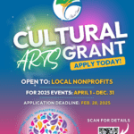 Promotional flyer for a "Cultural Arts Grant" by Flagler County Cultural Council It encourages local nonprofits to apply for event funding Deadline is February , Includes a QR code for more details, with colorful graphics and logo