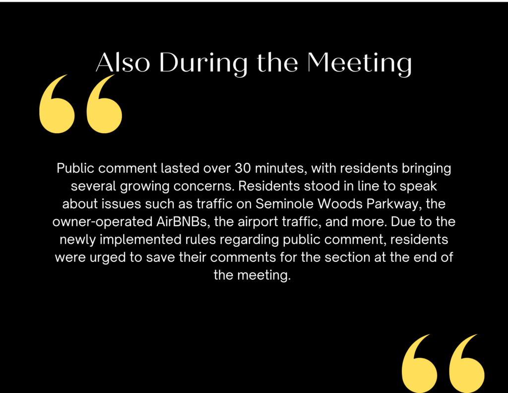 Graphic titled "Also During the Meeting" with text about a minute public comment session Residents addressed issues like traffic on Seminole Woods Parkway, Airbnbs, and airport traffic Comments were urged to be saved for a later section