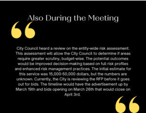 A presentation slide titled "Also During the Meeting" highlights Palm Coast's City Council review of a risk assessment for budget decisions It covers services valued at $, $, and discusses bid timelines set for March and April