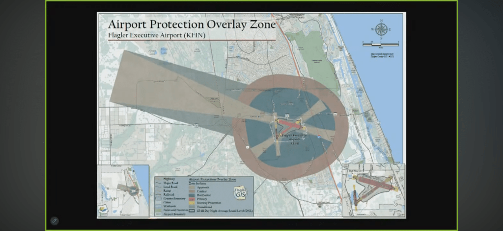 Map of Airport Protection Overlay Zone for Flagler Executive Airport It shows highlighted areas including runways, protective zones, and relevant roads Insets display broader and closer views Legend indicates zones and features