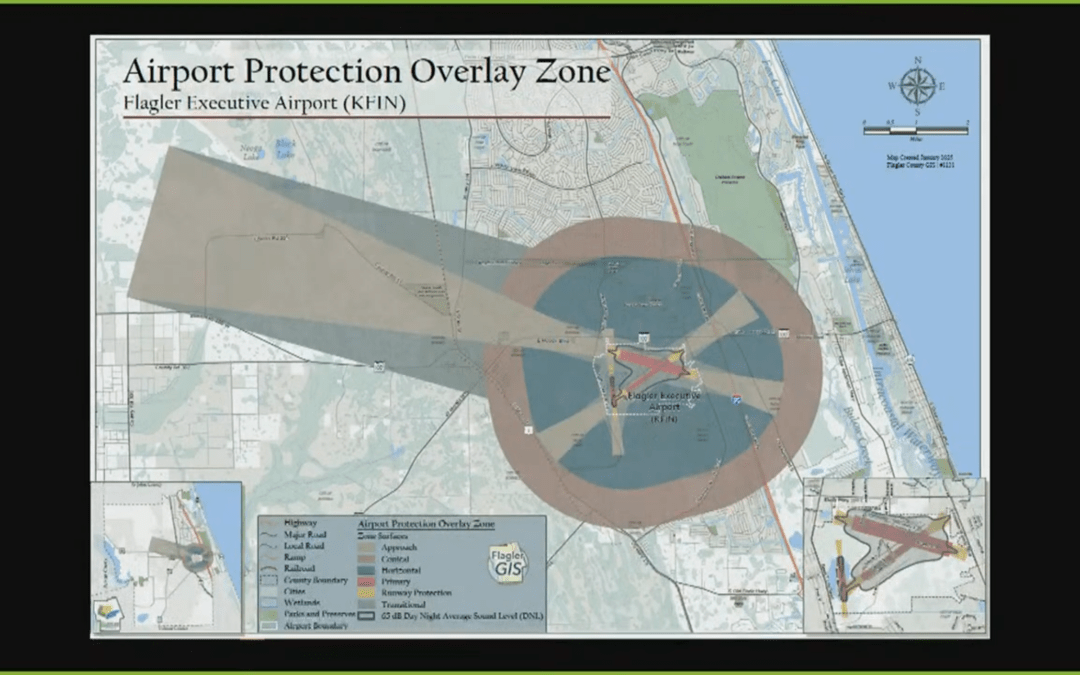 Map of Airport Protection Overlay Zone for Flagler Executive Airport It shows highlighted areas including runways, protective zones, and relevant roads Insets display broader and closer views Legend indicates zones and features