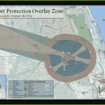 Map of Airport Protection Overlay Zone for Flagler Executive Airport It shows highlighted areas including runways, protective zones, and relevant roads Insets display broader and closer views Legend indicates zones and features