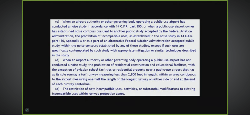 A document detailing regulations related to airport noise studies and restrictions on incompatible land use Includes sections on noise studies, mitigation strategies, new construction around public airports, and length based restrictions