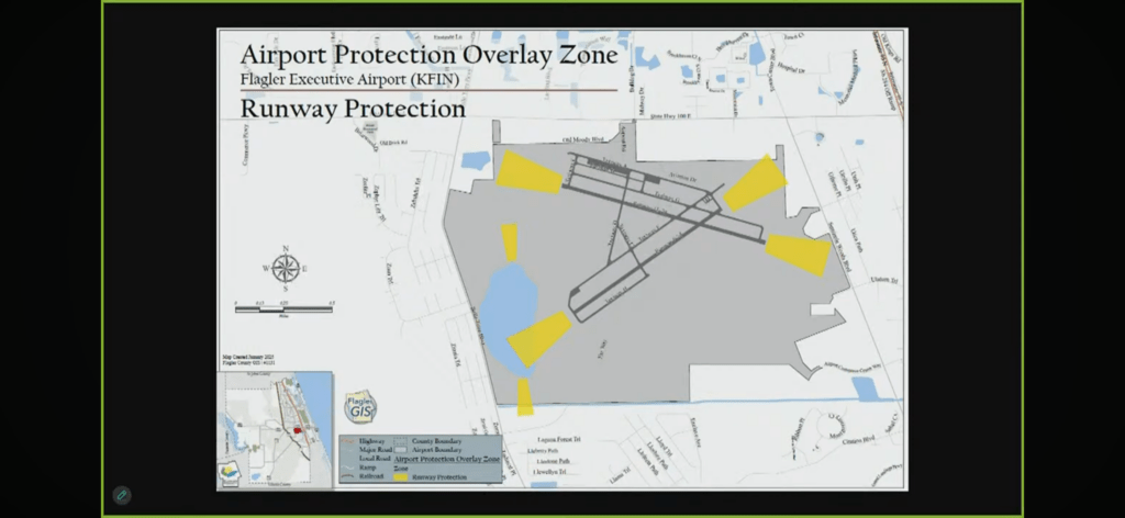 Map of Flagler Executive Airport (FIN) showing the Airport Protection Overlay Zone Includes runways, surrounding roads, and highlighted runway protection zones in yellow A location inset and compass rose are on the left