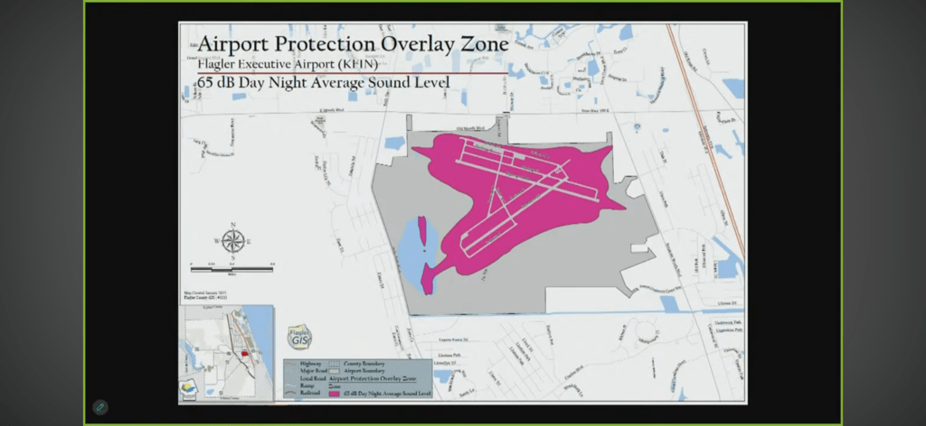 Map of Airport Protection Overlay Zone at Flagler Executive Airport The pink area marks the zone with a dB day night average sound level Includes runways and nearby roads A compass and scale are in the lower left corner