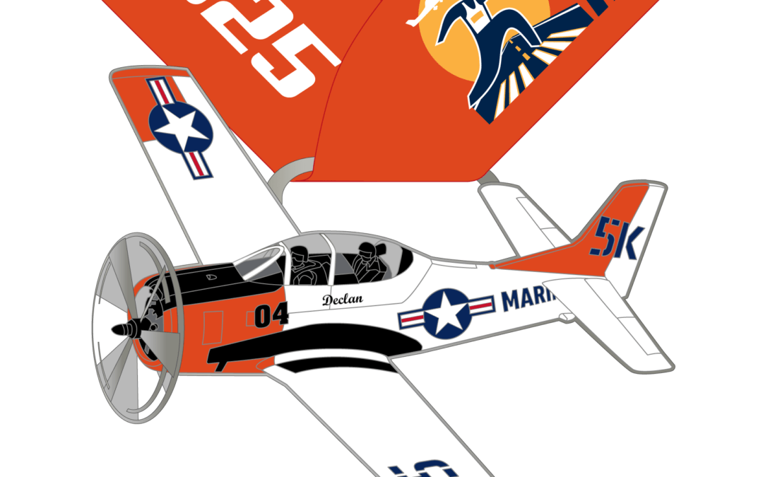 Illustration of a retro military airplane with "" on its wing It's connected to an orange medal ribbon that reads "Race Runners for Rockstars" with a stylized person and sun logo The number "" and a name are visible on the plane's side