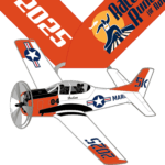 Illustration of a retro military airplane with "" on its wing It's connected to an orange medal ribbon that reads "Race Runners for Rockstars" with a stylized person and sun logo The number "" and a name are visible on the plane's side