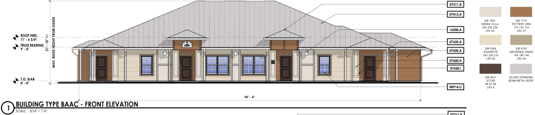 Architectural drawing of a building labeled "Building Type BAC Front Elevation " The design features a wide, single story structure with multiple windows and a front porch There are color swatches on the right side for exterior finishes