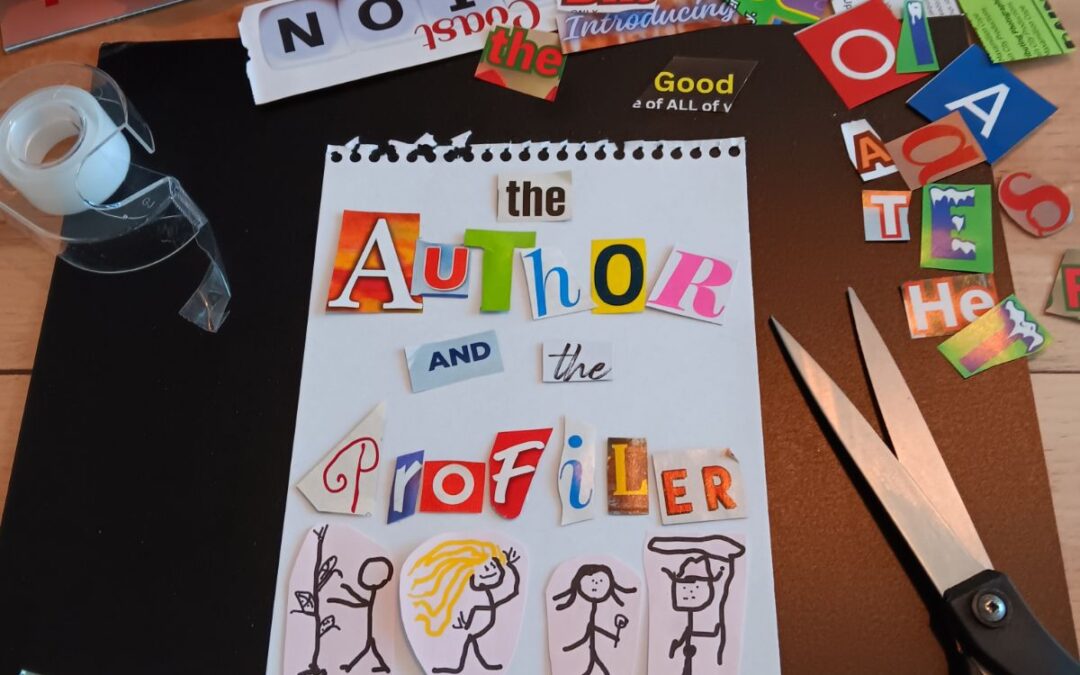 A collage style artwork on a wooden surface featuring colorful cut out letters forming the words "The Author and the Profiler " Surrounding the paper are scissors, tape, paper clips, and assorted letter cut outs Hand drawn figures are also visible