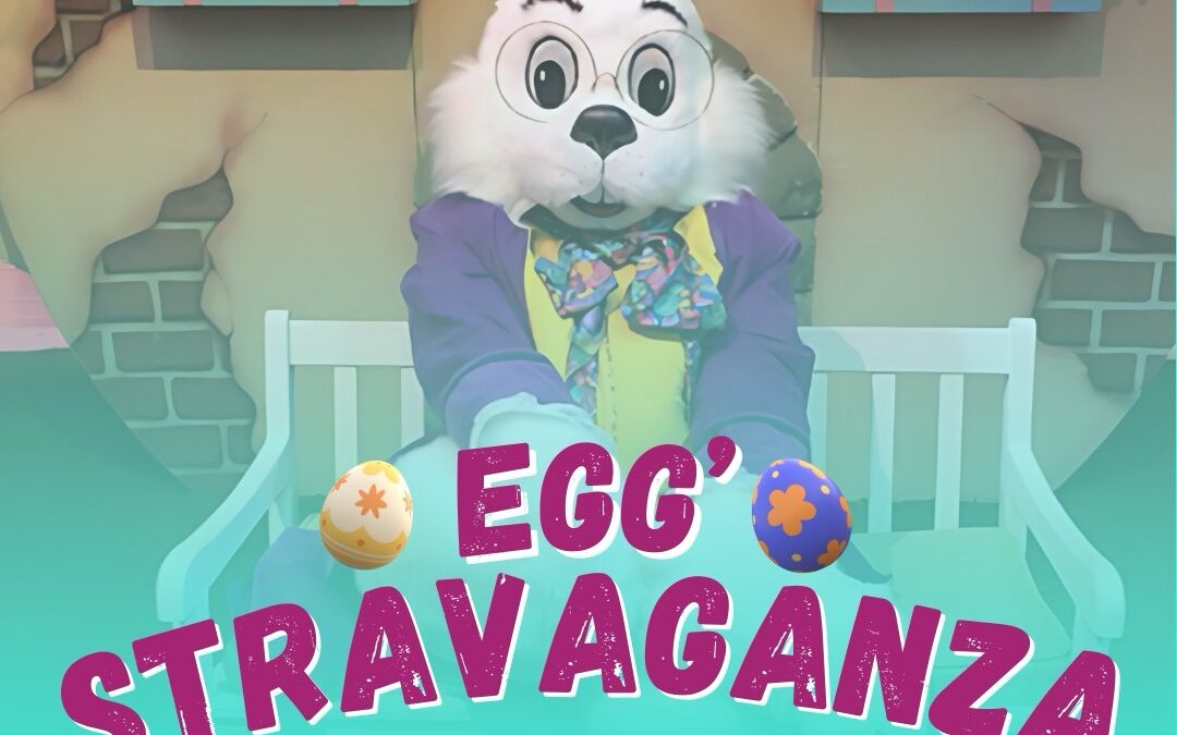 Poster featuring an event called "Egg'Stravaganza" with a costumed Easter Bunny sitting on a bench It’s scheduled for Sat, April , AM PM at Central Park, Town Center Activities include yard games, food trucks, and crafts