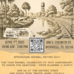 A vintage style poster for the "First Annual Bunnell History Day" on June , , at Historic Coquina City Hall Includes event details, activities, and contact information on a sepia toned background with historic imagery