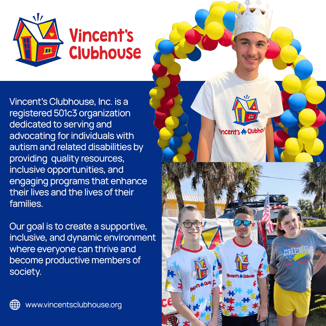 A collage displays a young man with a crown in a shirt with "Vincent's Clubhouse" logo, text about the organization, and two boys with sunglasses and shirts featuring the logo The background includes colorful balloons and tree lined scenery